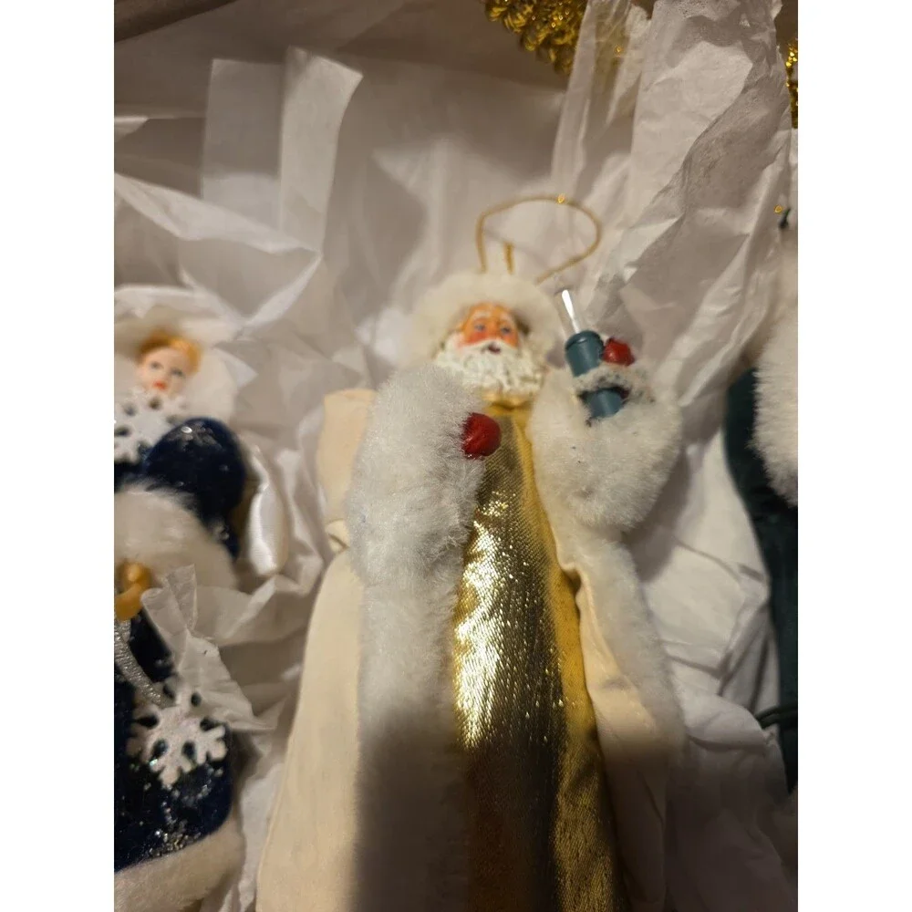 Vintage Christmas Ornament Set of 4 Santa Angel Fabric Faux Fur Gold Hanging